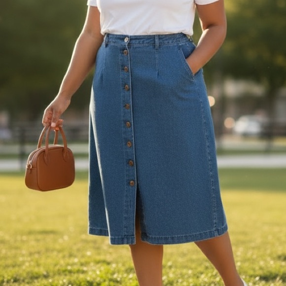 TanJay Dresses & Skirts - Vintage (18) TANJAY Petites Denim Midi Skirt Buttons Cotton Pockets Dark Wash